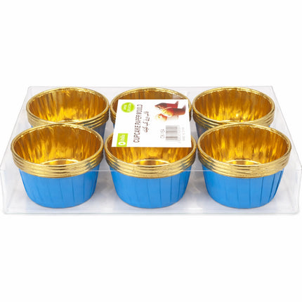 Set of blue and gold cupcake liners in a clear plastic packaging on a white background