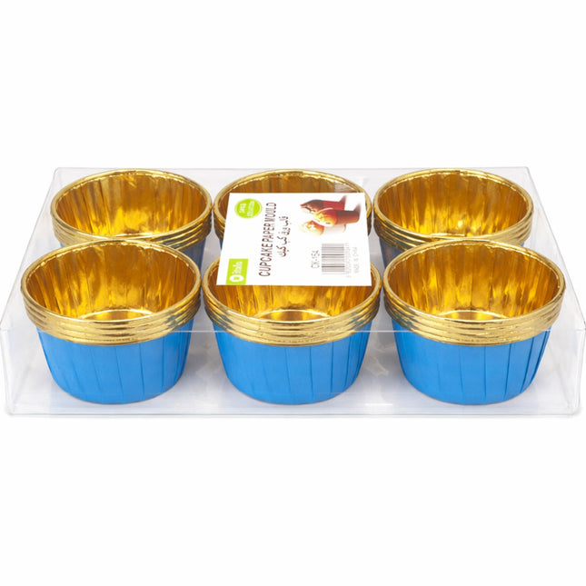 Set of blue and gold cupcake liners in a clear plastic packaging on a white background