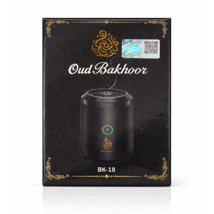 Oud Bakhoor product packaging with black container and decorative text on a dark background