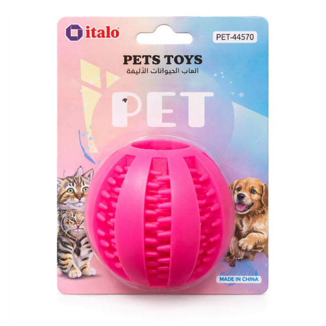Pink pet toy ball with 'italo' packaging featuring images of a cat and a dog on a white background.