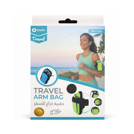 Packaging of a travel arm bag with a woman using it on a beach background