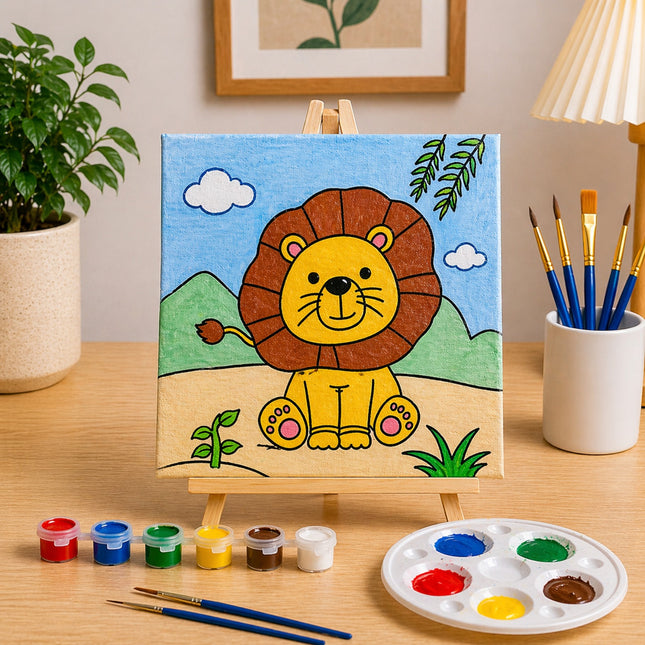 Painting of a lion on an easel with art supplies on a table