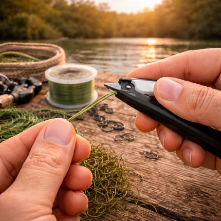Person preparing fishing line with a spool and tools on a wooden surface by a lake.