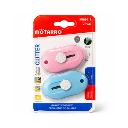 Packaging of two pink and blue paper cutters by Motarro on a white background