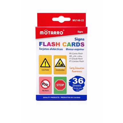 Motarro flash cards packaging with various signs on a white background