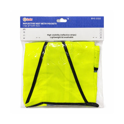 Yellow reflective vest with black trim in packaging on a white background