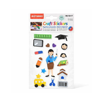 Package of craft stickers with teacher and school-themed designs on a white background