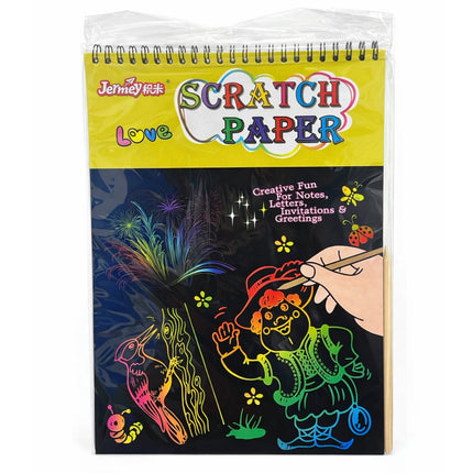 Scratch paper book with colorful designs on a white background