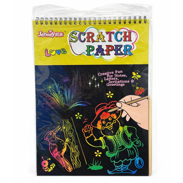 Scratch paper book with colorful designs on a white background