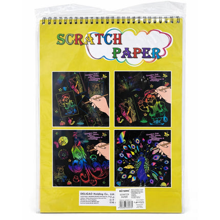 Scratch paper set with colorful designs on a yellow packaging