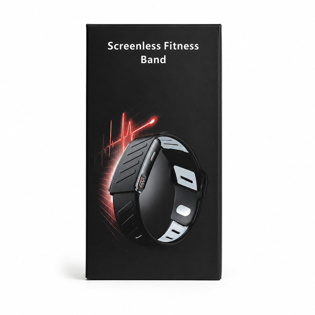 A black rectangular product box labeled 'Screenless Fitness Band' with a printed illustration of a smart fitness band on the front, shown against a light gray background.