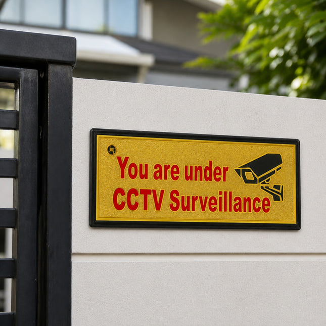 CCTV surveillance warning sign on a wall with blurred background