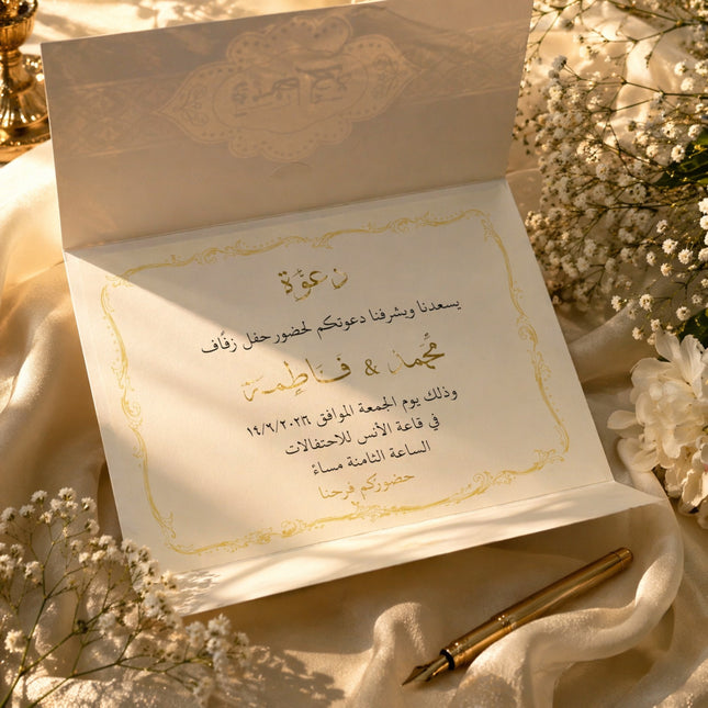 Invitation card with Arabic text on a decorative background with flowers and a pen.