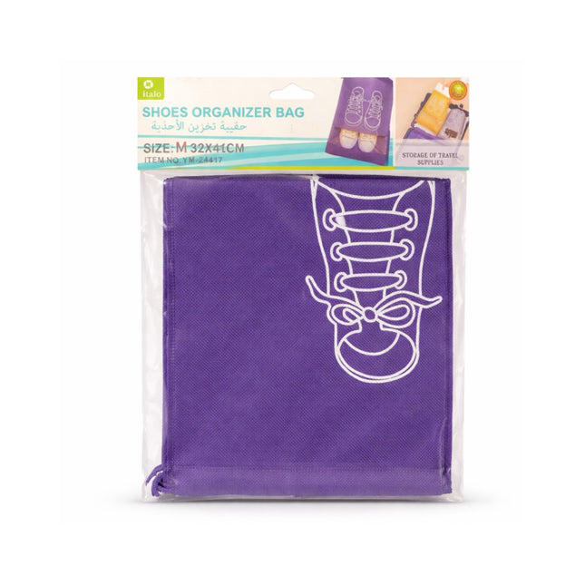 Purple shoes organizer bag with white shoe design on a clear background