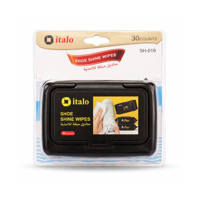 Pack of italo shoe shine wipes with clear packaging on a white background