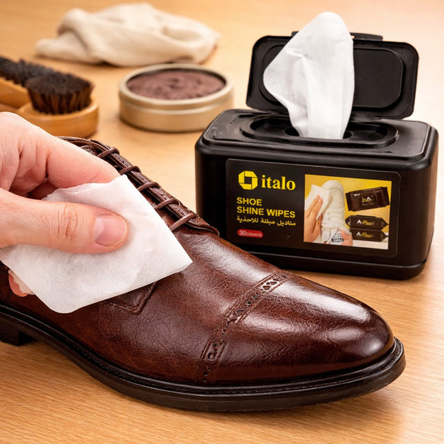 Person cleaning a brown leather shoe with italo shoe shine wipes on a wooden surface.