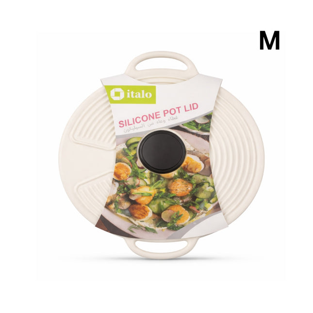 Silicone pot lid with italo branding on a white background