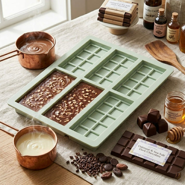 Silicone mold for chocolate with ingredients on a wooden table