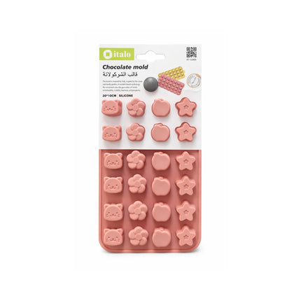 Silicone chocolate mold with various shapes on a white background