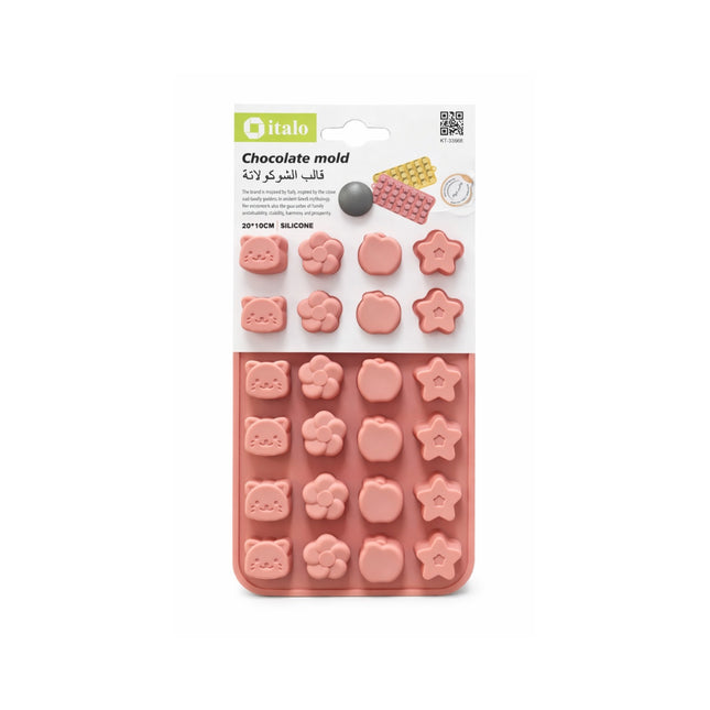 Silicone chocolate mold with various shapes on a white background