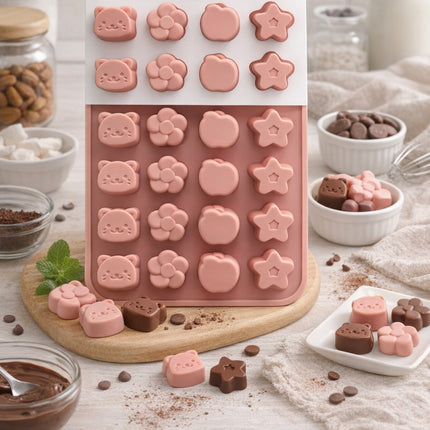 Pink silicone mold with various shapes on a wooden board surrounded by chocolate treats.