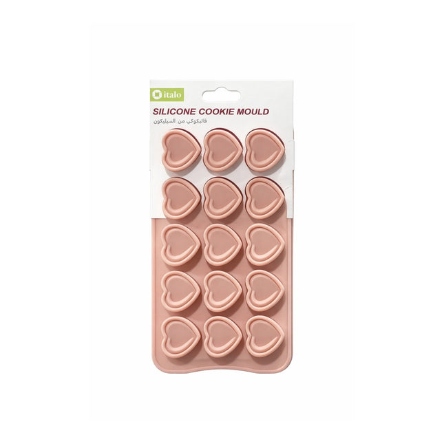 Silicone cookie mould with heart shapes on a white background