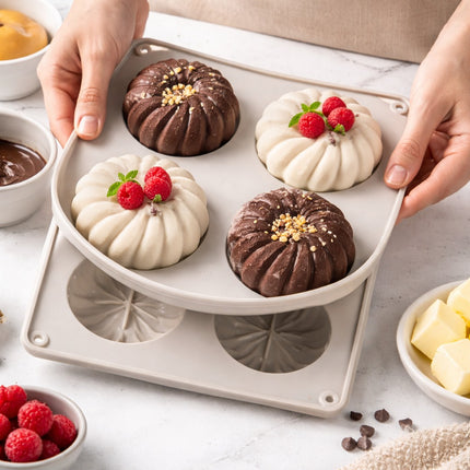Baked goods in a silicone mold with hands holding it, surrounded by ingredients on a marble surface.