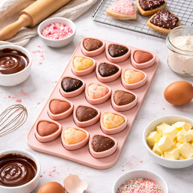 Heart-shaped chocolate mold with baking ingredients on a light surface