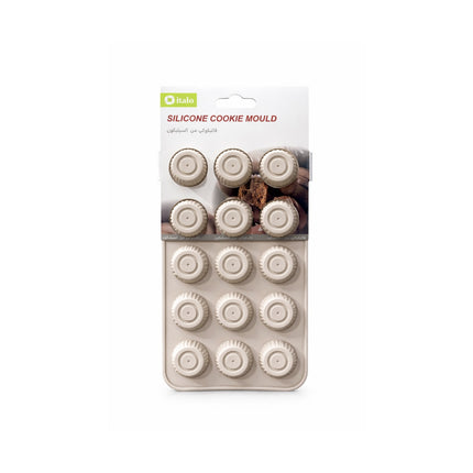 Silicone cookie mould packaging with cookies on a white background