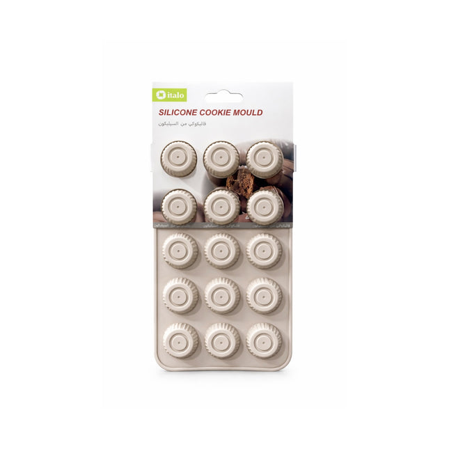 Silicone cookie mould packaging with cookies on a white background