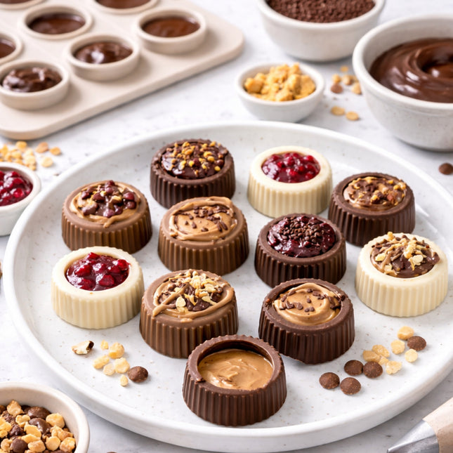 Assorted chocolate truffles on a white plate with ingredients around