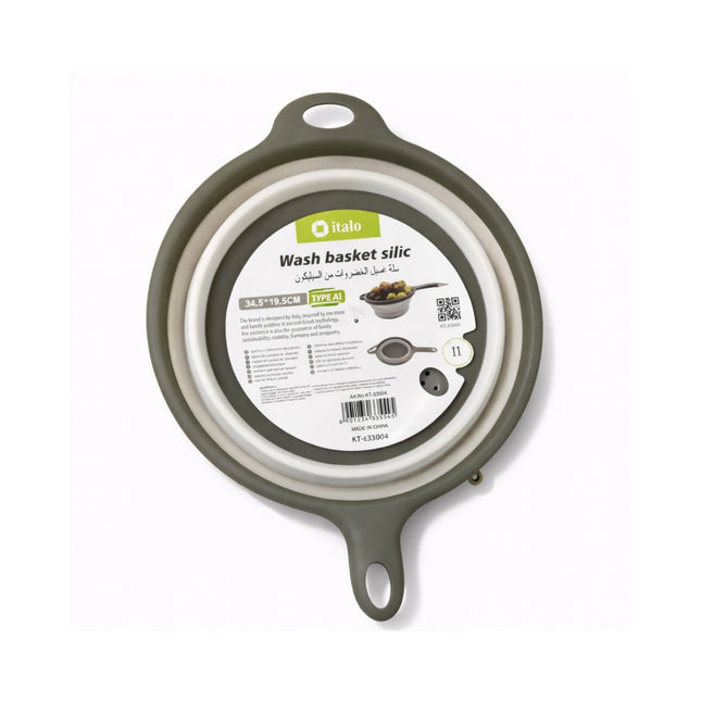 Silicone wash basket with label on a white background