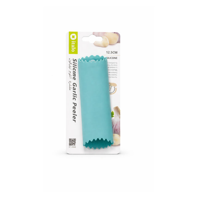 Teal silicone garlic peeler in packaging on a white background