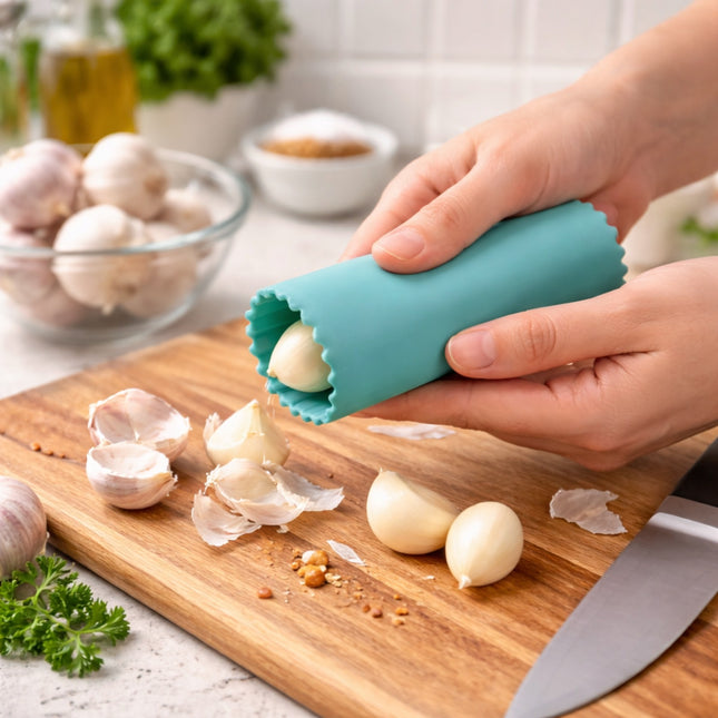 Person using a teal garlic peeler on a wooden cutting board with garlic and herbs in the background.