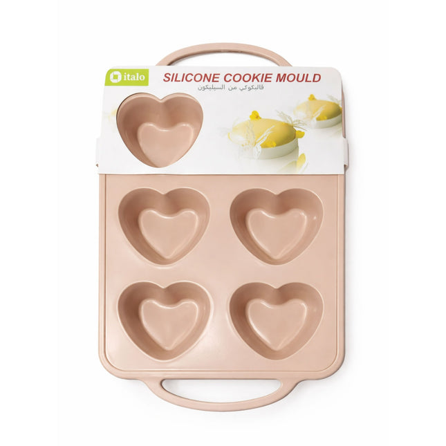Silicone cookie mould with heart shapes on a white background