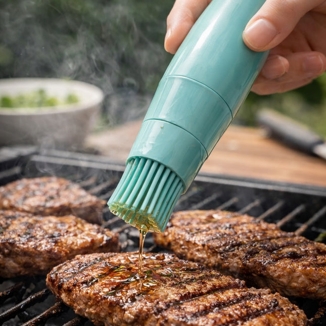 Person using a teal silicone brush to apply oil to grilled meat on a barbecue