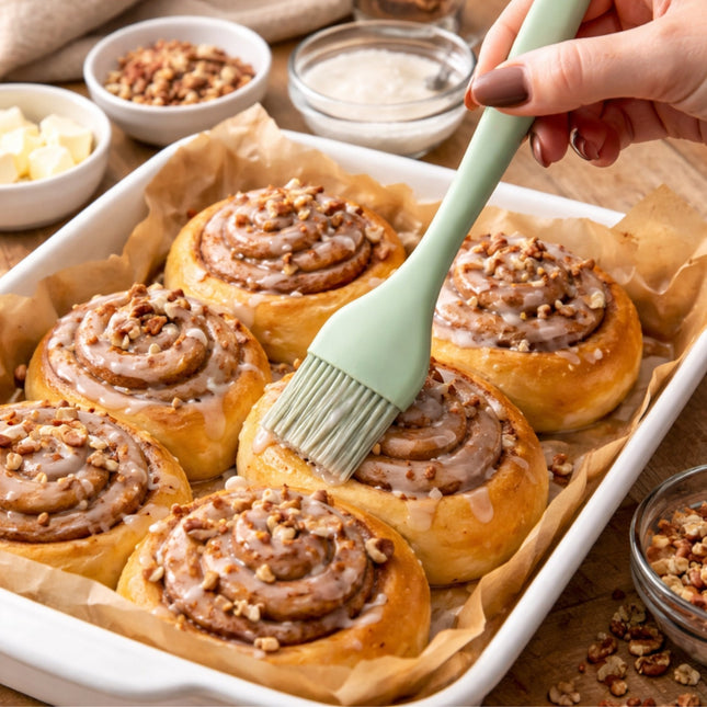 Cinnamon rolls being brushed with glaze on a baking sheet, surrounded by ingredients.