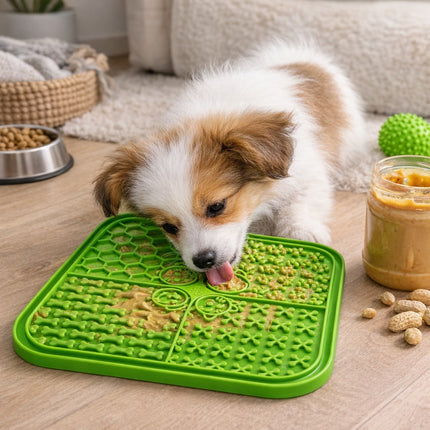 Dog eating from a green mat on a wooden floor with a bowl and treats in the background.