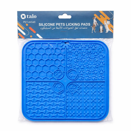 Blue silicone pets licking pad in packaging with Talo branding