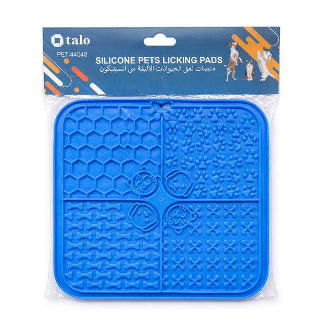 Blue silicone pets licking pad in packaging with Talo branding