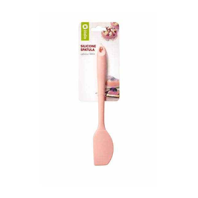 Pink silicone spatula on a white background with a package labeled 'Silicone Spatula' by 'Oxo'.