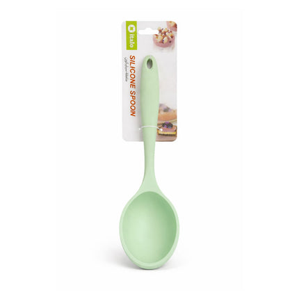 Green silicone spoon with packaging on a white background