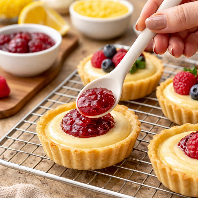 Small tartlets being topped with red jam on a cooling rack, surrounded by bowls of berries and lemon curd.