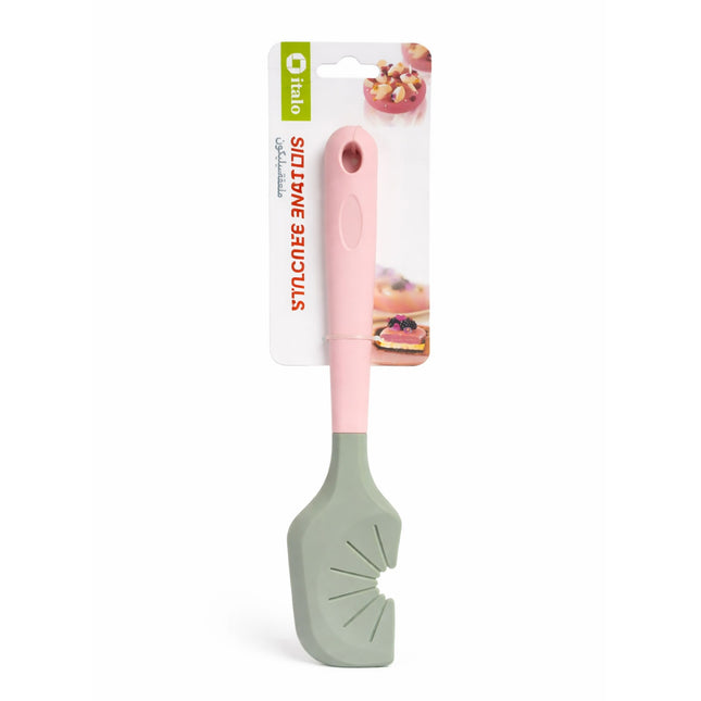 Pink and green spatula with packaging on a white background