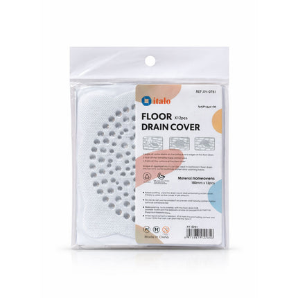 Packaged floor drain cover with visible brand label on a white background