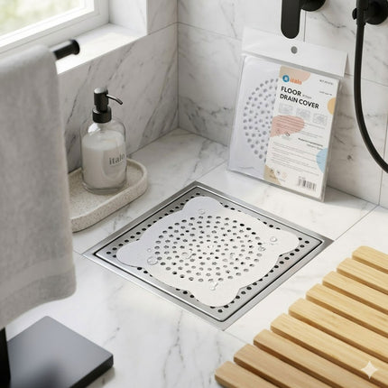 Bathroom floor drain cover with a package on a marble floor