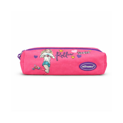 Pink pencil case with cartoon character and 'Motarro' branding on a white background