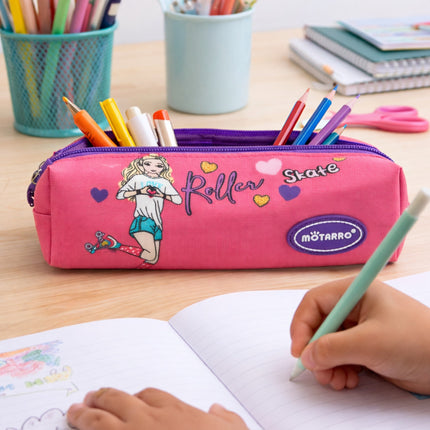 Pink pencil case with cartoon character and 'Motorro' branding on a desk with coloring book and pencils.