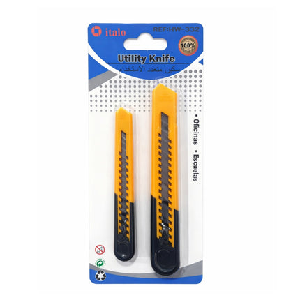 Utility knife with black blade and yellow handle in packaging on a white background
