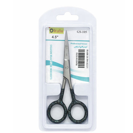 Pair of scissors in a clear plastic packaging with branding and product details.